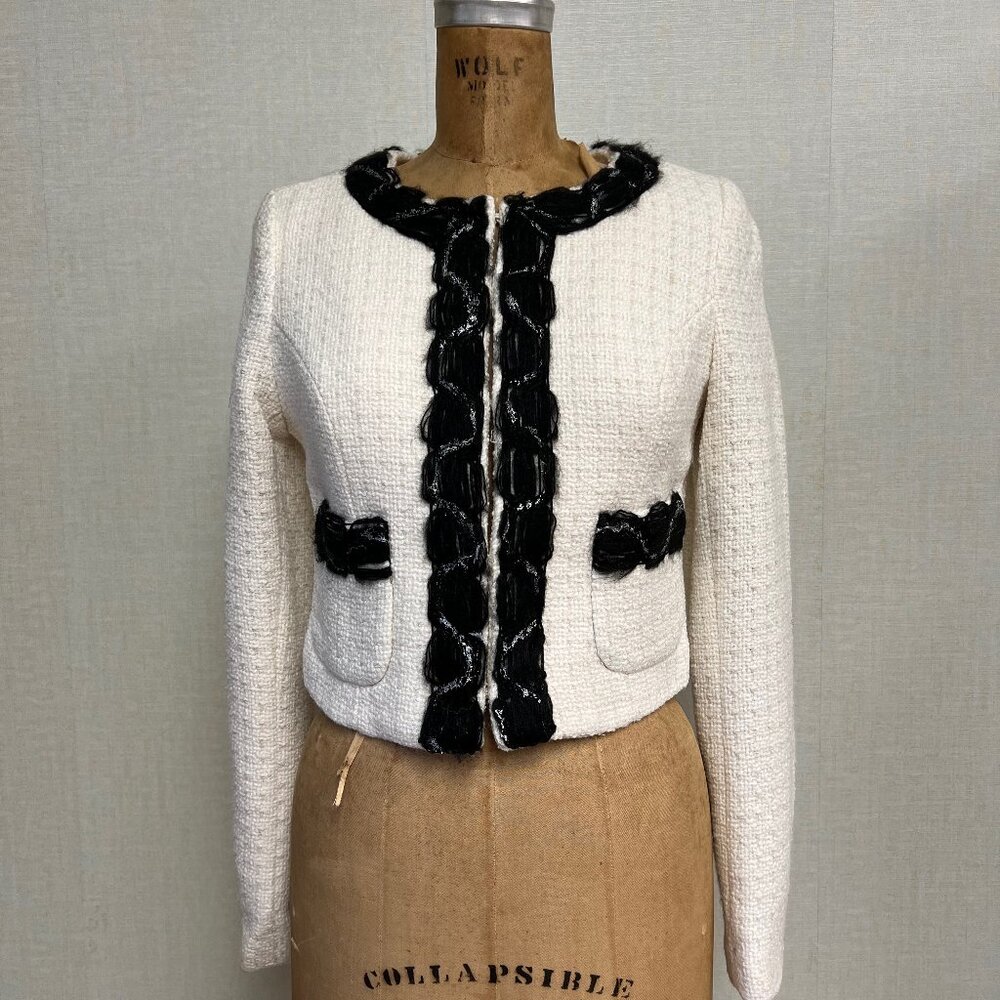 NWT Deadstock 2000s Boucle Fuzzy Contrast Trim Cropped Wool Blend Sweater